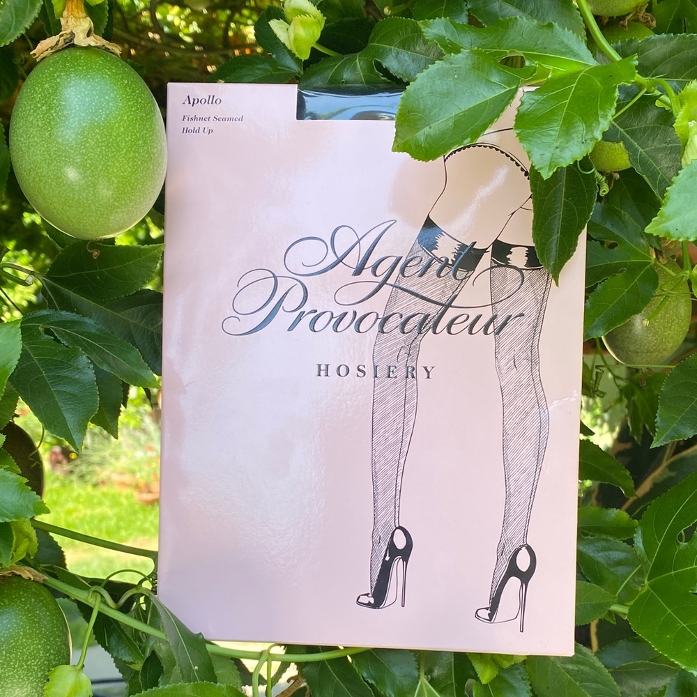 Agent Provocateur Black Fishnet Seamed Hold-Up Stockings, Small. Made in Austria